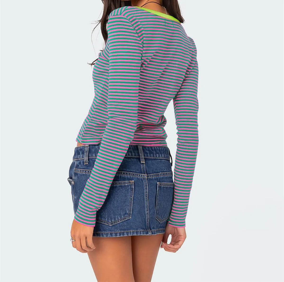 Women's Stripe Long Sleeve Slim Fit Shirt Multi Striped V Neck Button Front Tee Tops Contrast Color Y2K Style Tops