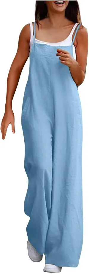 Women's Summer Casual Travel Jumpsuit 2024 Solid Color Sleeveless Linen Rompers Baggy Wide Leg Bib Pants Overalls