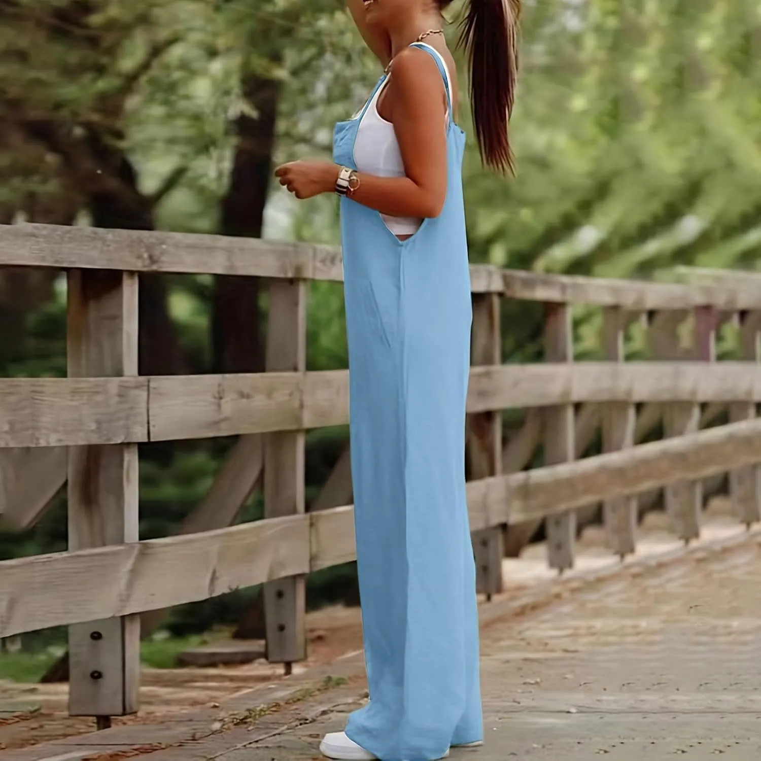 Women's Summer Casual Travel Jumpsuit 2024 Solid Color Sleeveless Linen Rompers Baggy Wide Leg Bib Pants Overalls