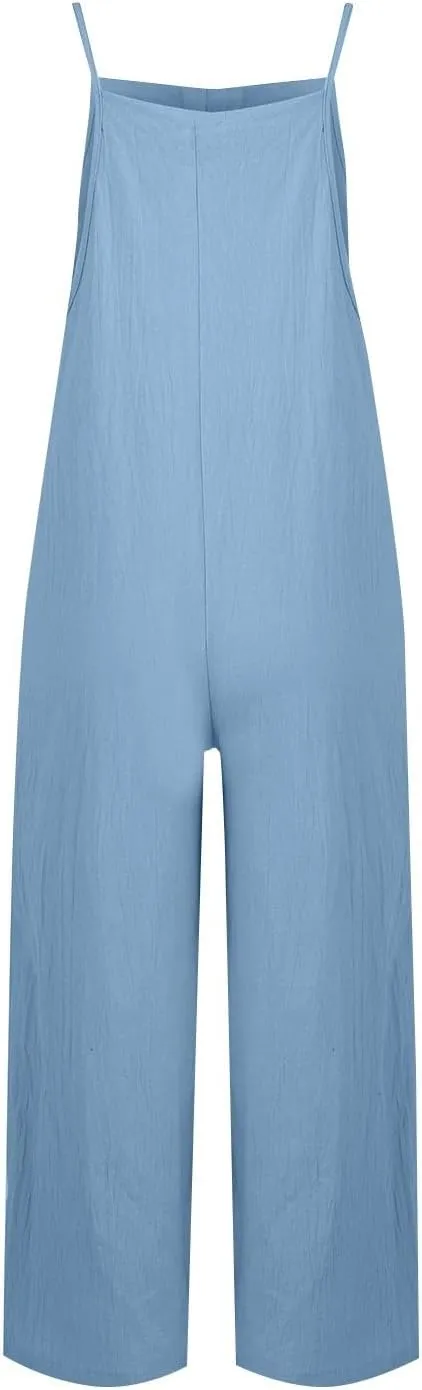 Women's Summer Casual Travel Jumpsuit 2024 Solid Color Sleeveless Linen Rompers Baggy Wide Leg Bib Pants Overalls