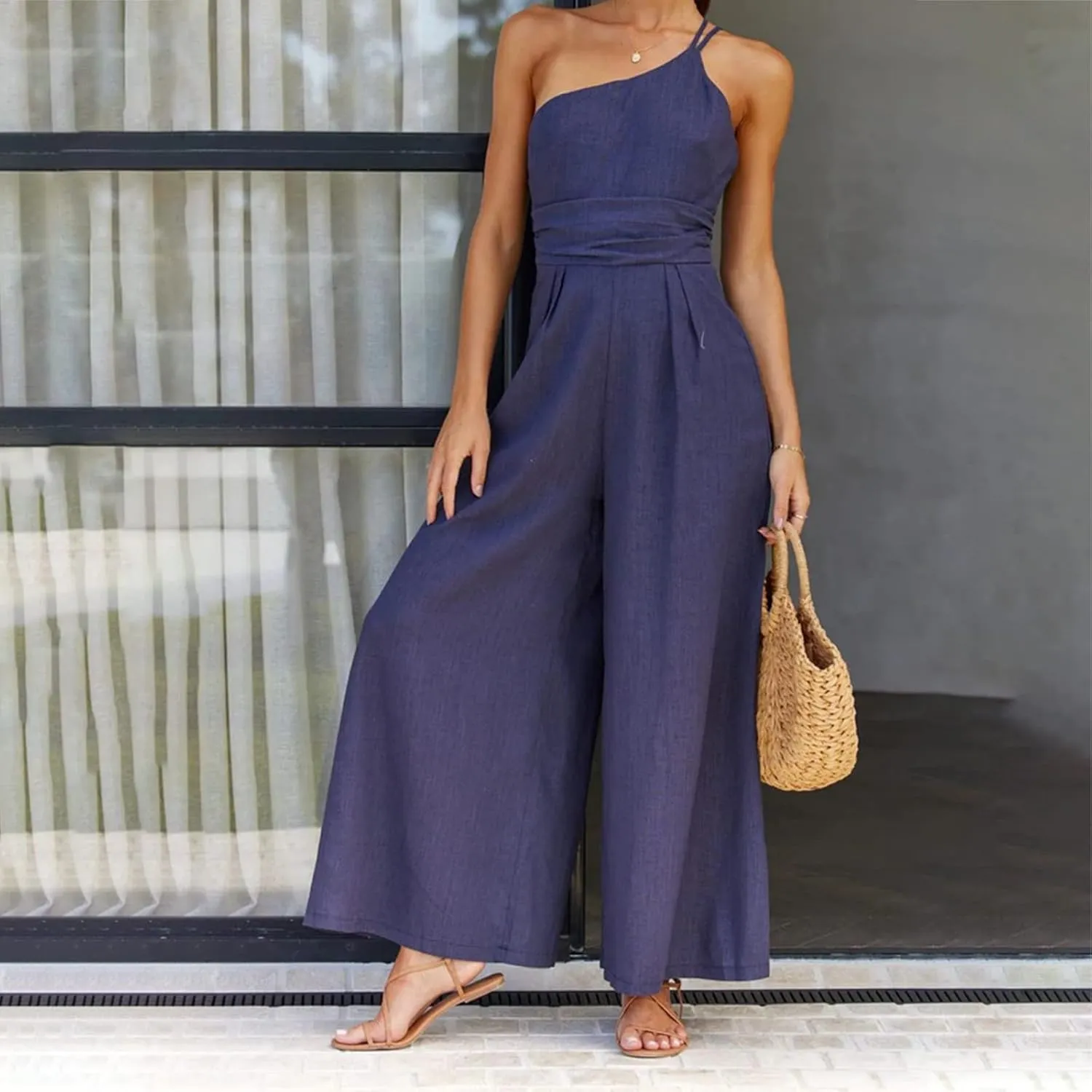Women's Summer Straps One Shoulder Dressy Casual High Waist Wide Leg Trousers Linen Jumpsuit Beach Travel Outfits