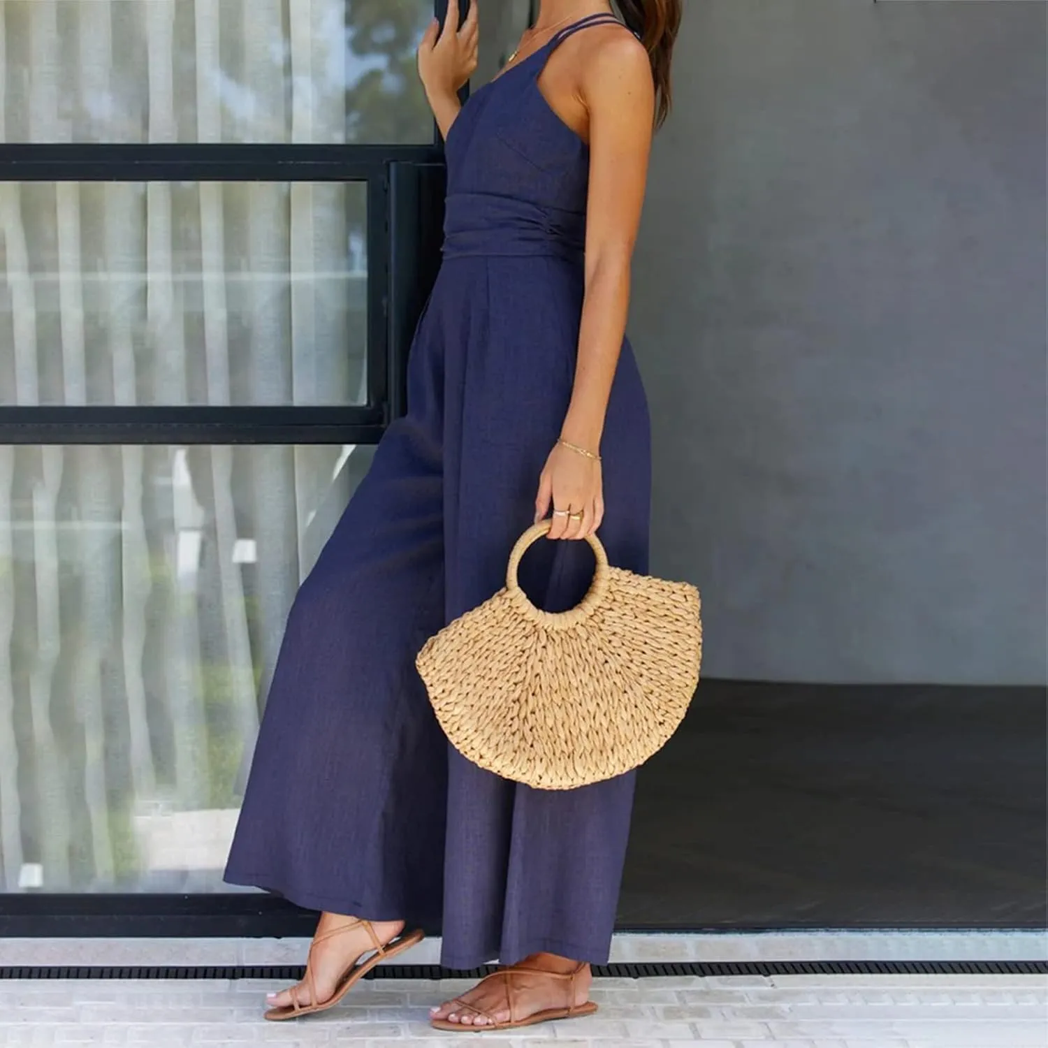 Women's Summer Straps One Shoulder Dressy Casual High Waist Wide Leg Trousers Linen Jumpsuit Beach Travel Outfits