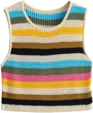 Women's Summer Striped V-Neck Sleeveless Sweater Thin Crochet Rainbow Striped Short Mini Vest Crew Neck Pullover