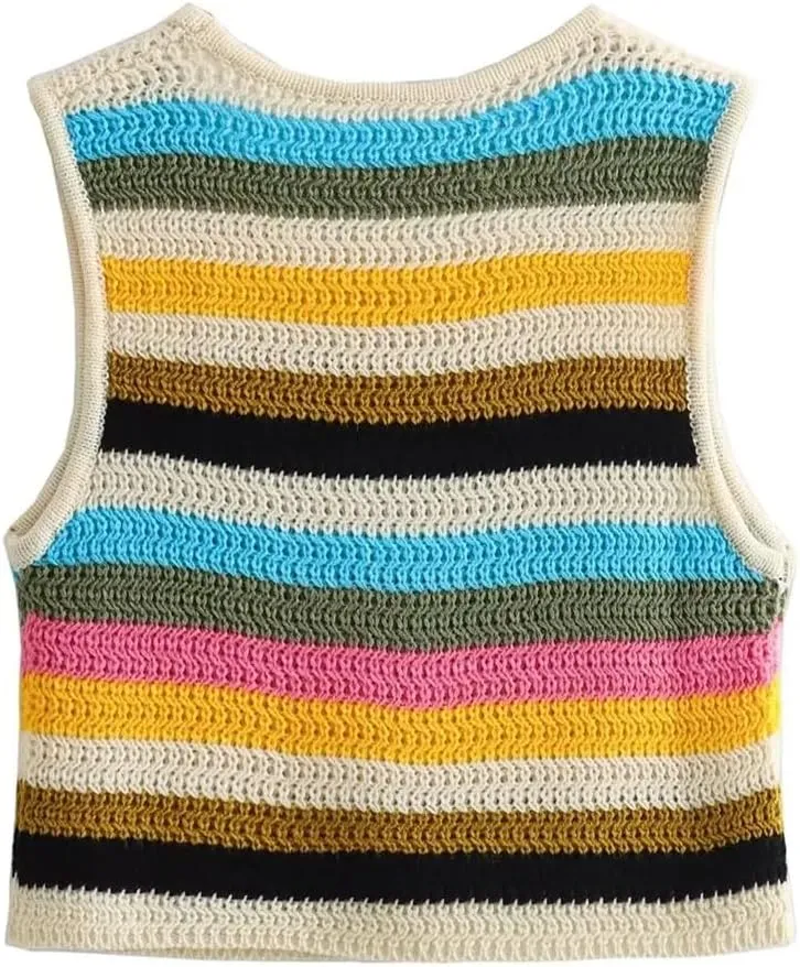 Women's Summer Striped V-Neck Sleeveless Sweater Thin Crochet Rainbow Striped Short Mini Vest Crew Neck Pullover