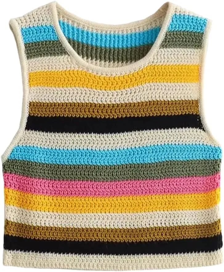 Women's Summer Striped V-Neck Sleeveless Sweater Thin Crochet Rainbow Striped Short Mini Vest Crew Neck Pullover