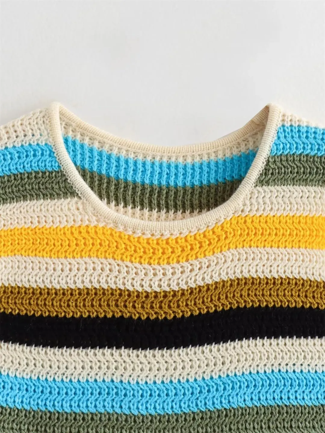 Women's Summer Striped V-Neck Sleeveless Sweater Thin Crochet Rainbow Striped Short Mini Vest Crew Neck Pullover