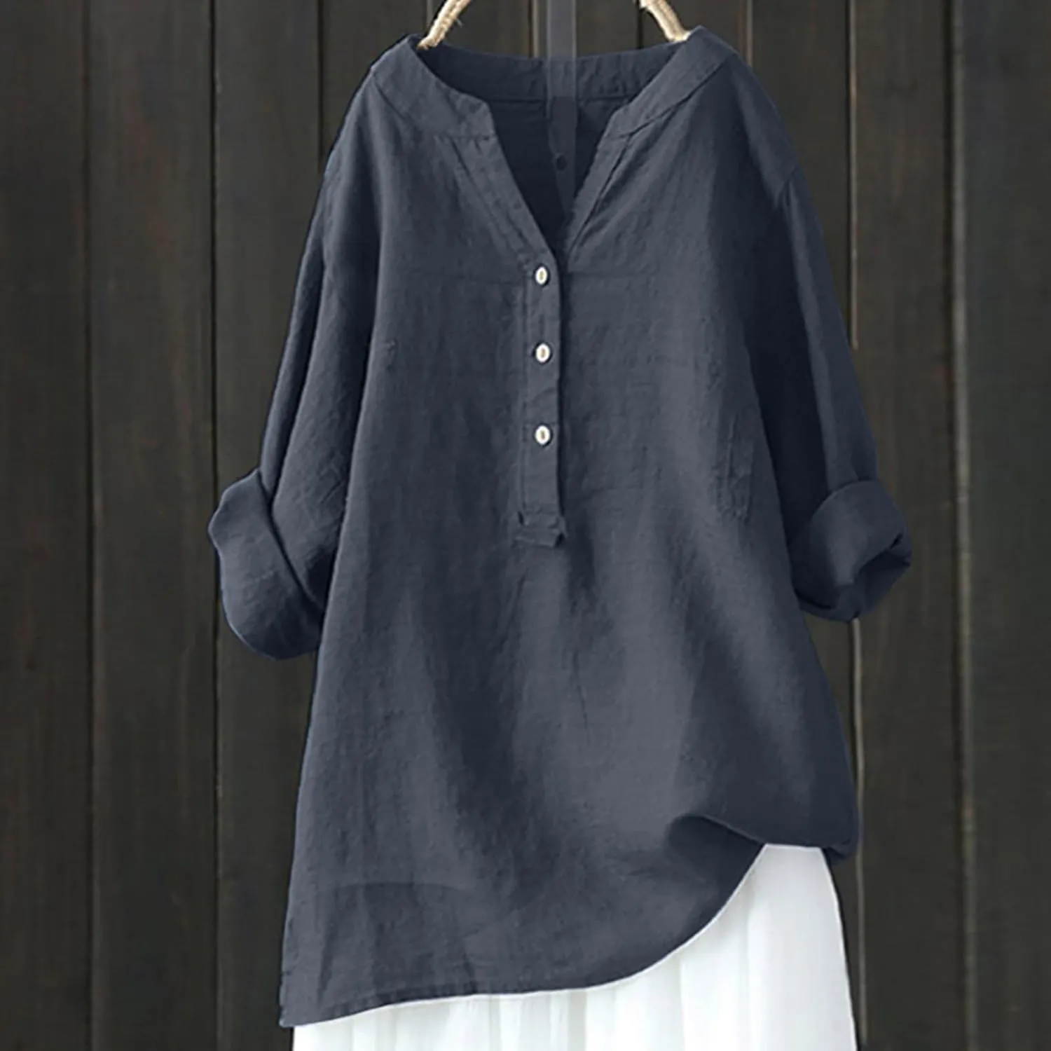 Womens Summer T Shirts Cotton Linen Shirts Casual Solid Color Blouse V Neck Button Down Short Sleeve Tops