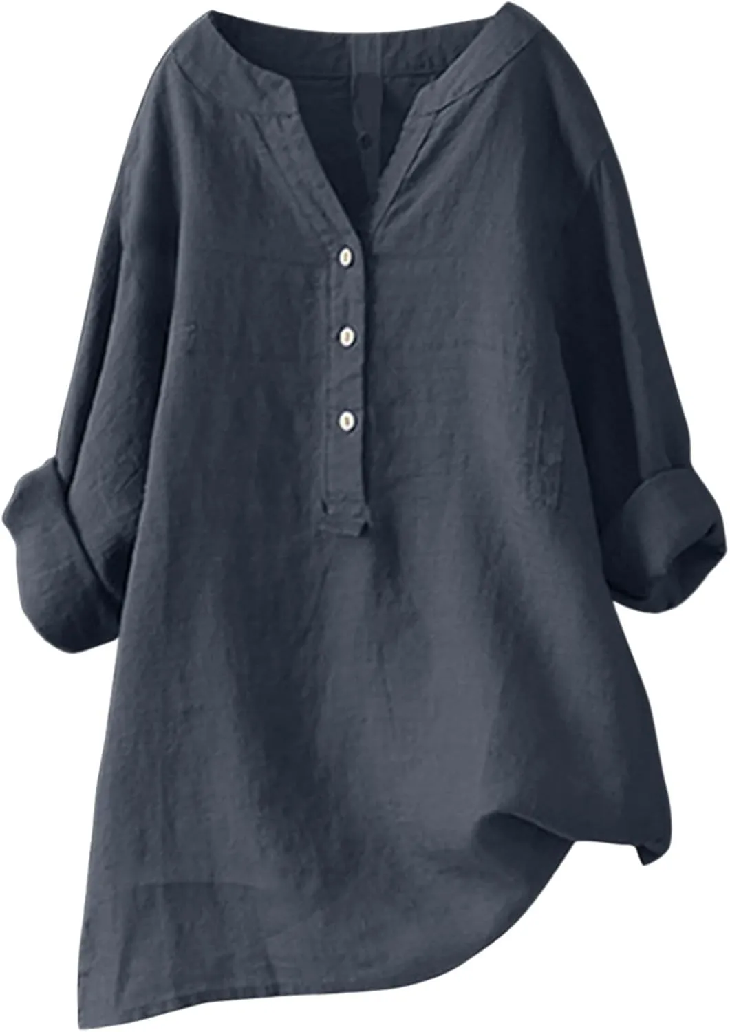 Womens Summer T Shirts Cotton Linen Shirts Casual Solid Color Blouse V Neck Button Down Short Sleeve Tops