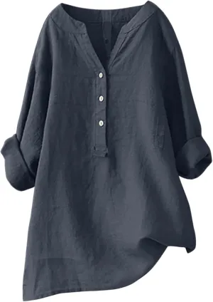 Womens Summer T Shirts Cotton Linen Shirts Casual Solid Color Blouse V Neck Button Down Short Sleeve Tops