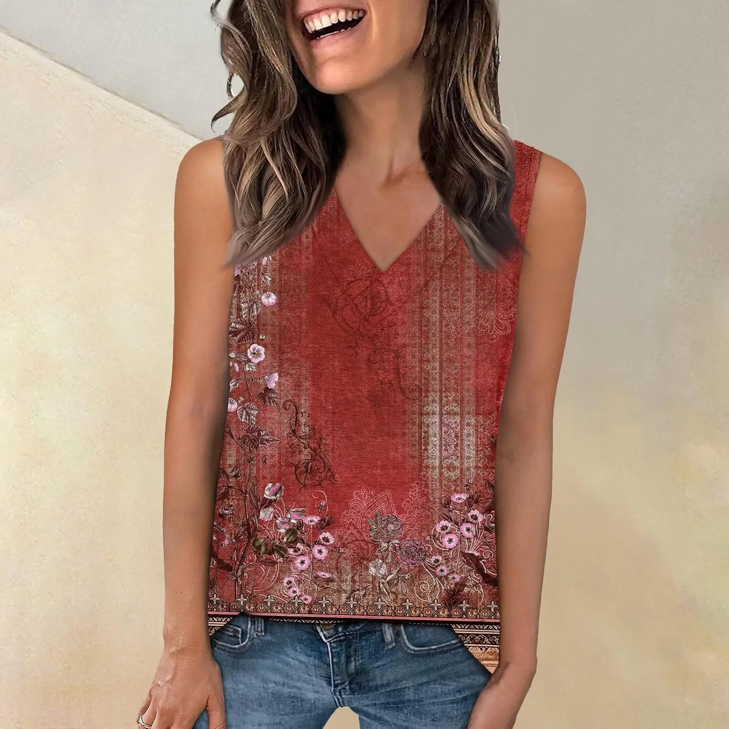 Womens Summer Tank Tops 2025 V Neck Sleeveless Casual Loose Fit T Shirts Fashion Vacation Outfits T-Shirt