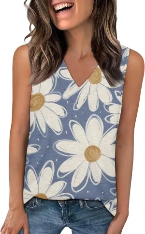Womens Summer Tank Tops 2025 V Neck Sleeveless Casual Loose Fit T Shirts Fashion Vacation Outfits T-Shirt
