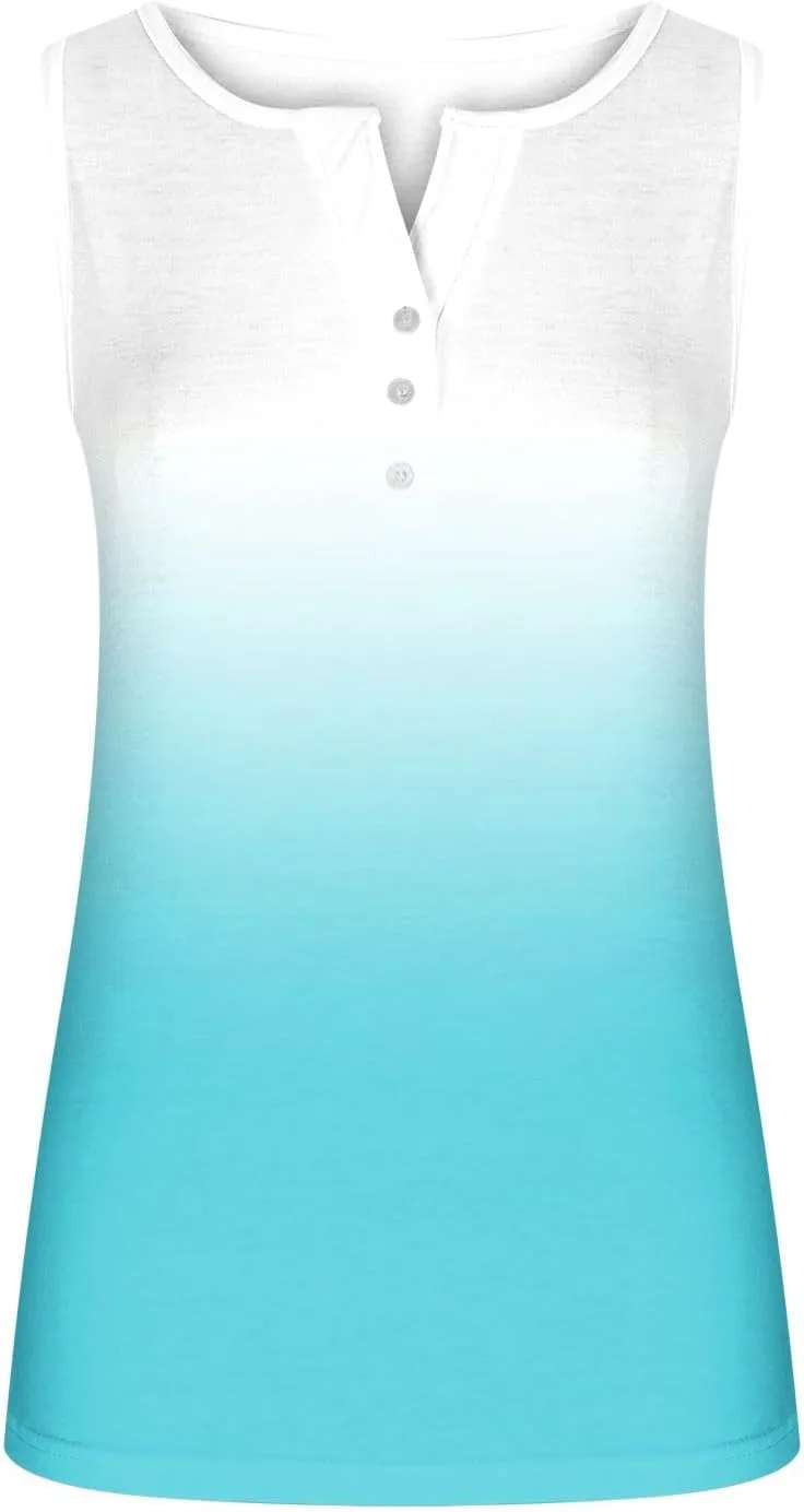 Womens Summer Tank Tops Slim Fit Gradient T-Shirts Casual Sleeveless V Neck Button Camis Blouse Fashion 2024, Medium