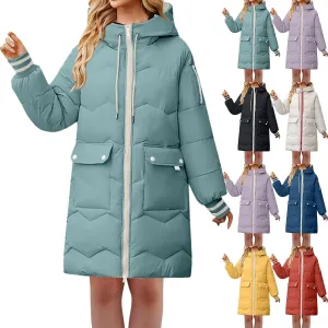 Women's Thickened Long Down Jacket Winter Zip Up Hooded Quilted Down Coat Windproof Warm Puffer Jacket with Pockets