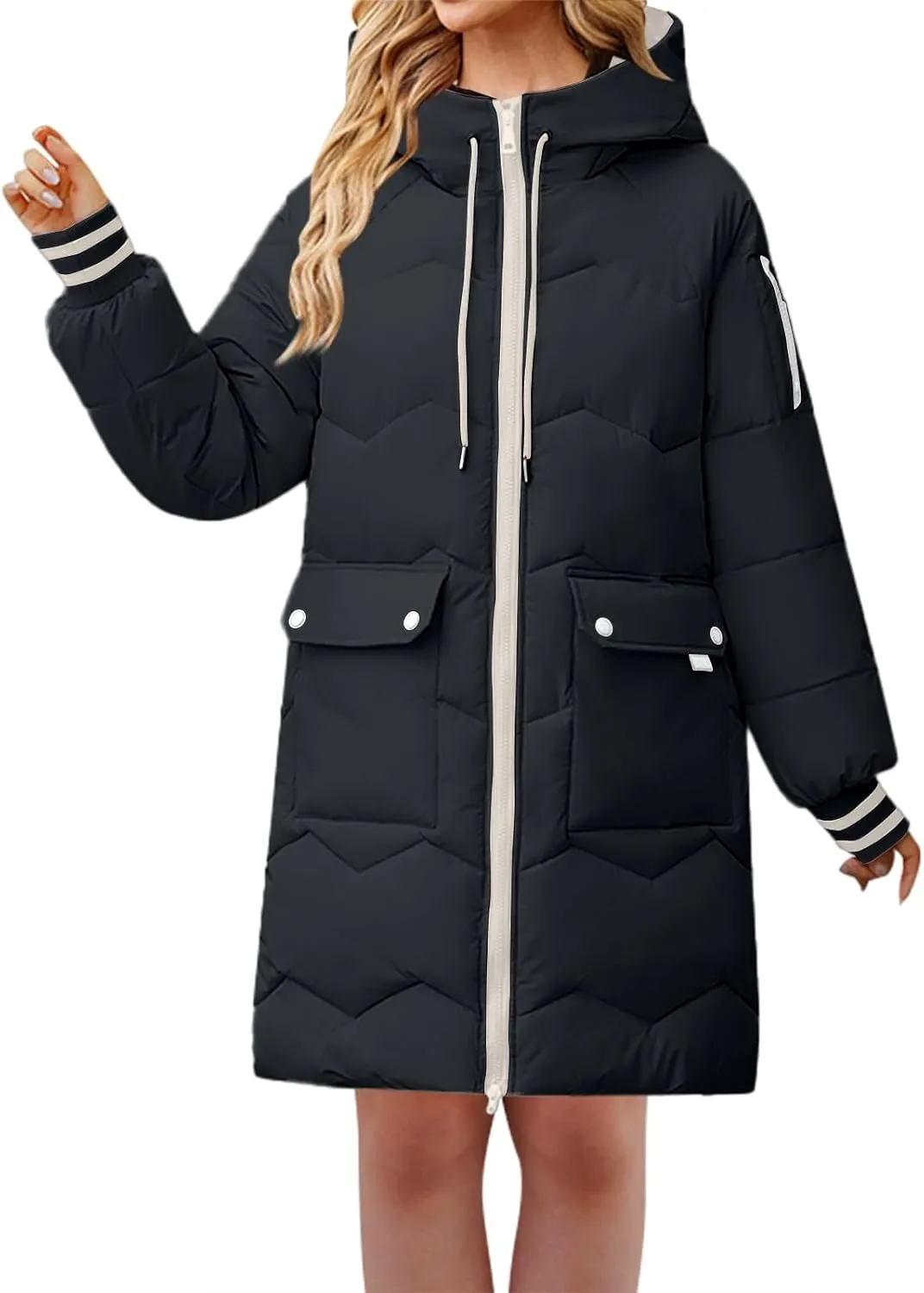 Women's Thickened Long Down Jacket Winter Zip Up Hooded Quilted Down Coat Windproof Warm Puffer Jacket with Pockets