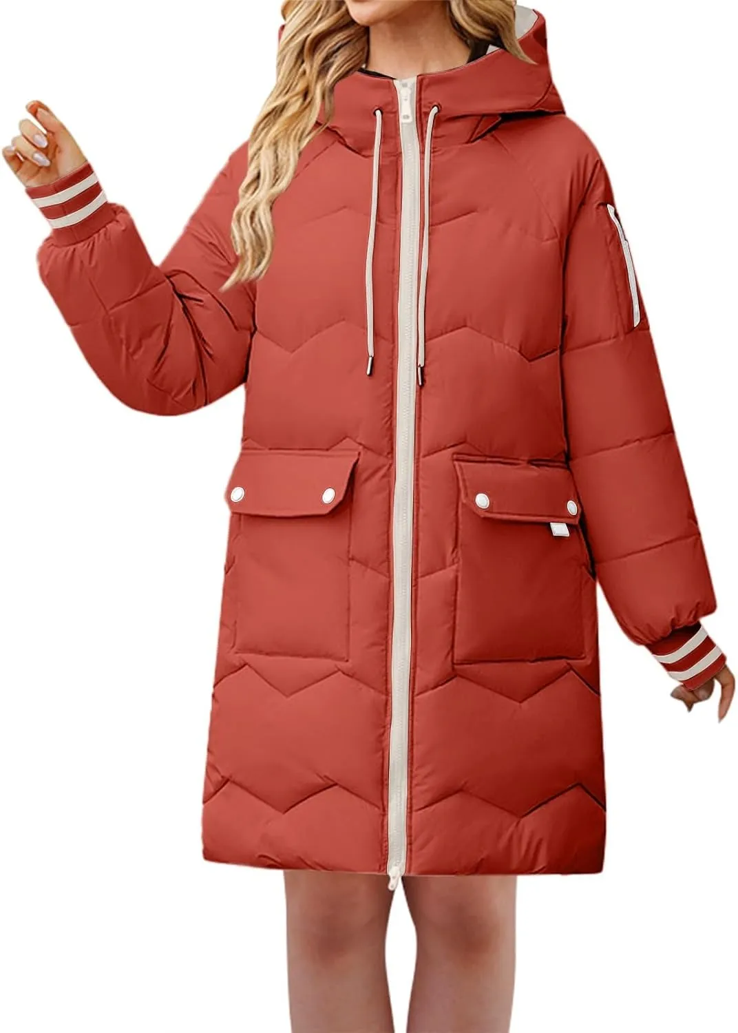 Women's Thickened Long Down Jacket Winter Zip Up Hooded Quilted Down Coat Windproof Warm Puffer Jacket with Pockets
