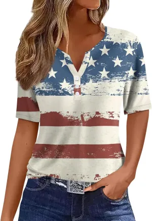 Womens Tops Short Sleeve V Neck Button Collar Geometry Printed Vintage T Shirts 2024 Summer Casual Baggy Blouse