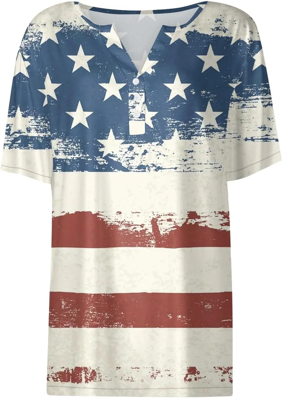 Womens Tops Short Sleeve V Neck Button Collar Geometry Printed Vintage T Shirts 2024 Summer Casual Baggy Blouse