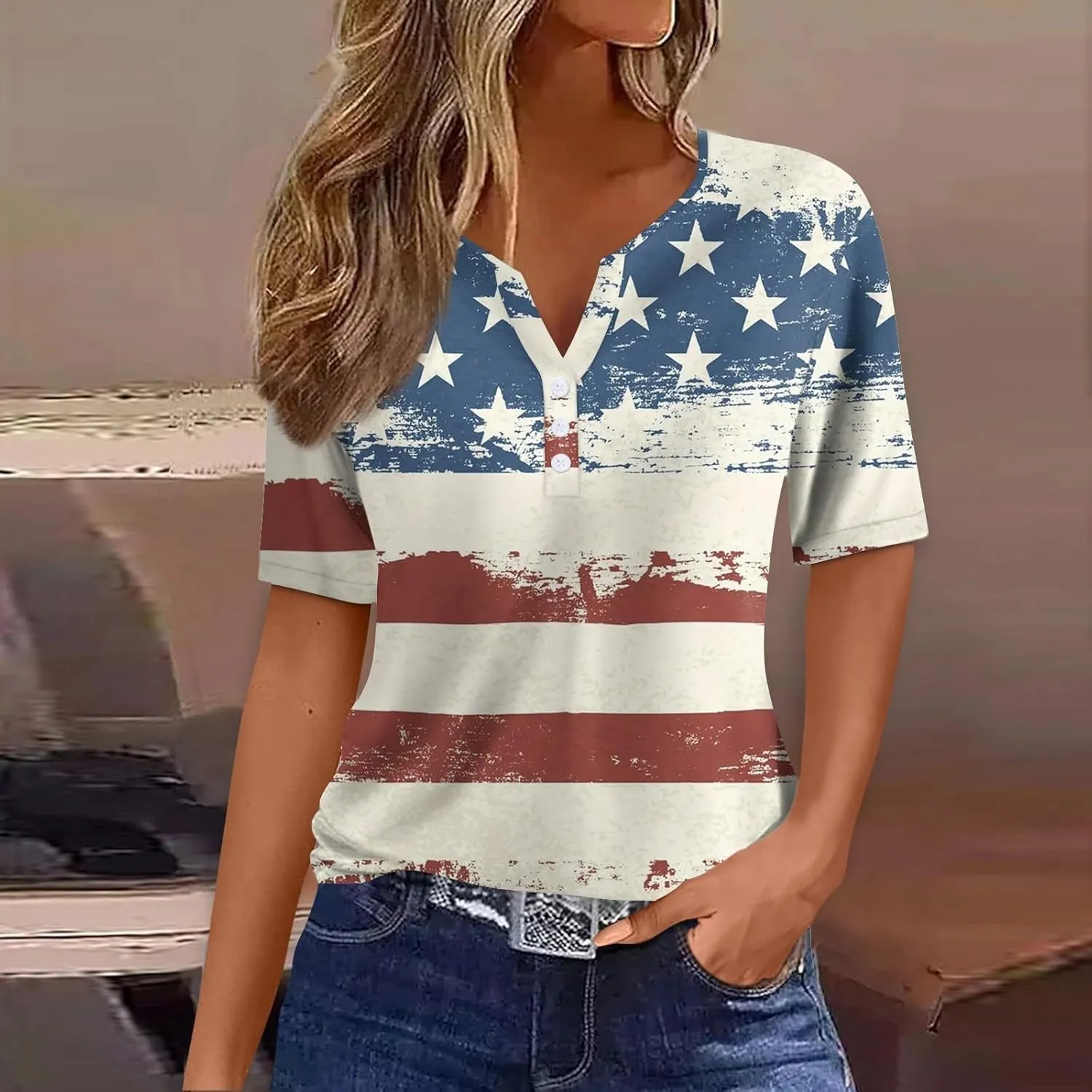 Womens Tops Short Sleeve V Neck Button Collar Geometry Printed Vintage T Shirts 2024 Summer Casual Baggy Blouse