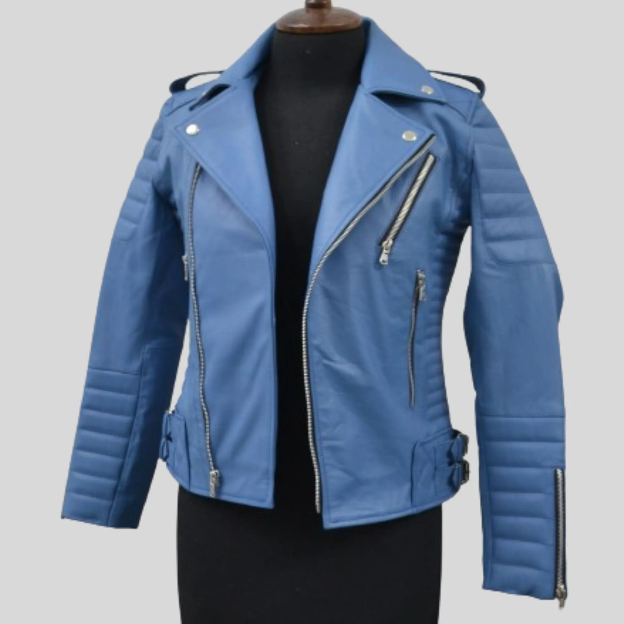 Women's Turquise Blue Motorcycle Genuine Leather Biker Jacket