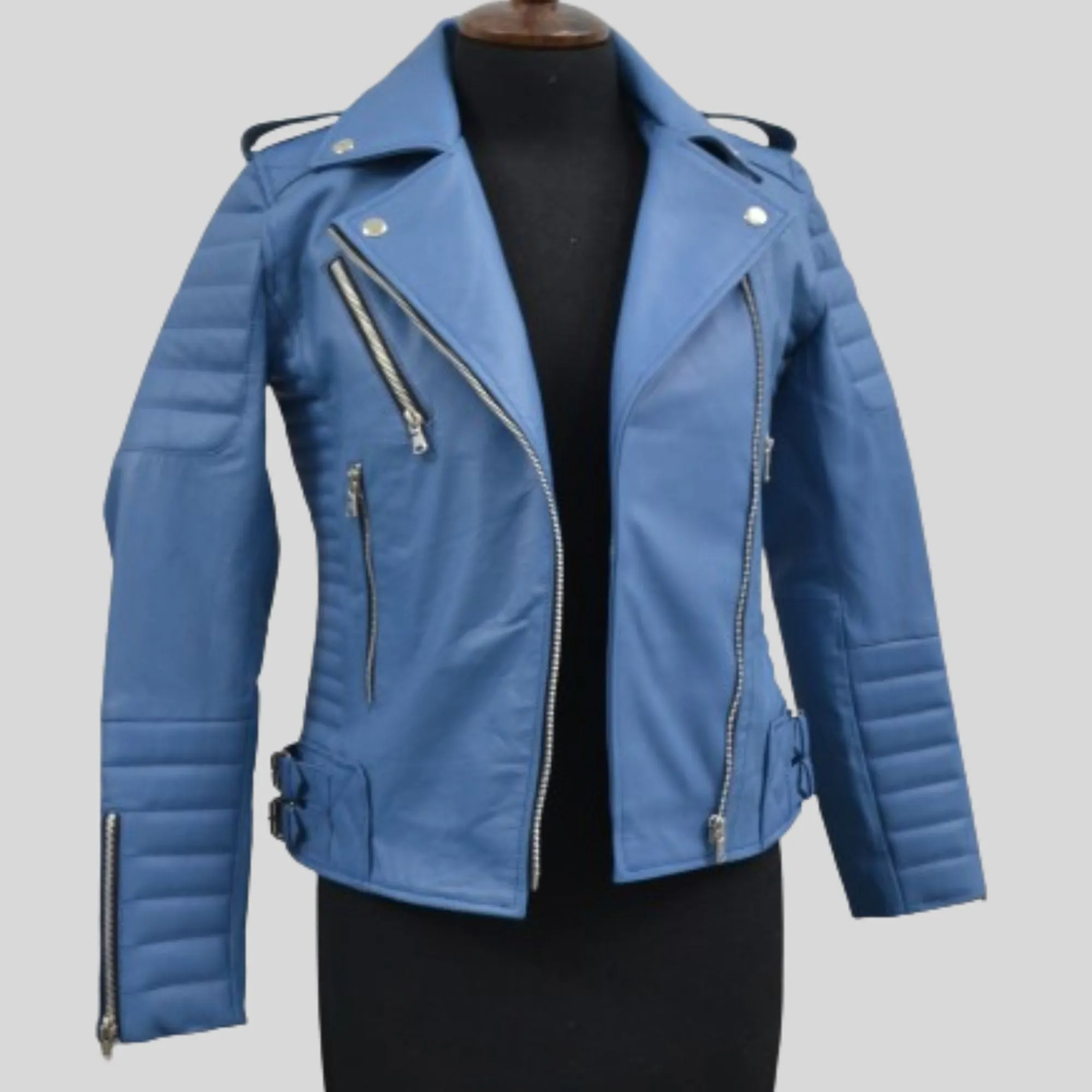 Women's Turquise Blue Motorcycle Genuine Leather Biker Jacket