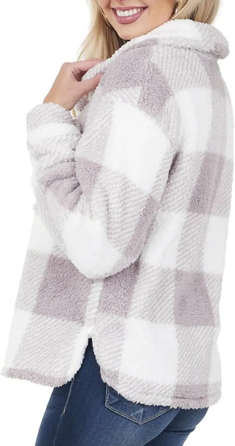 Women's Winter Coats Trendy Fuzzy Fleece Open Front Spring Sherpa Cropped Jacket Warm Plaid Cardigan Casual Outerwear