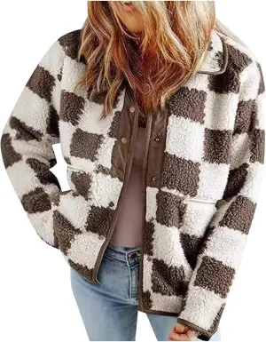Women's Winter Coats Trendy Fuzzy Fleece Open Front Spring Sherpa Cropped Jacket Warm Plaid Cardigan Casual Outerwear