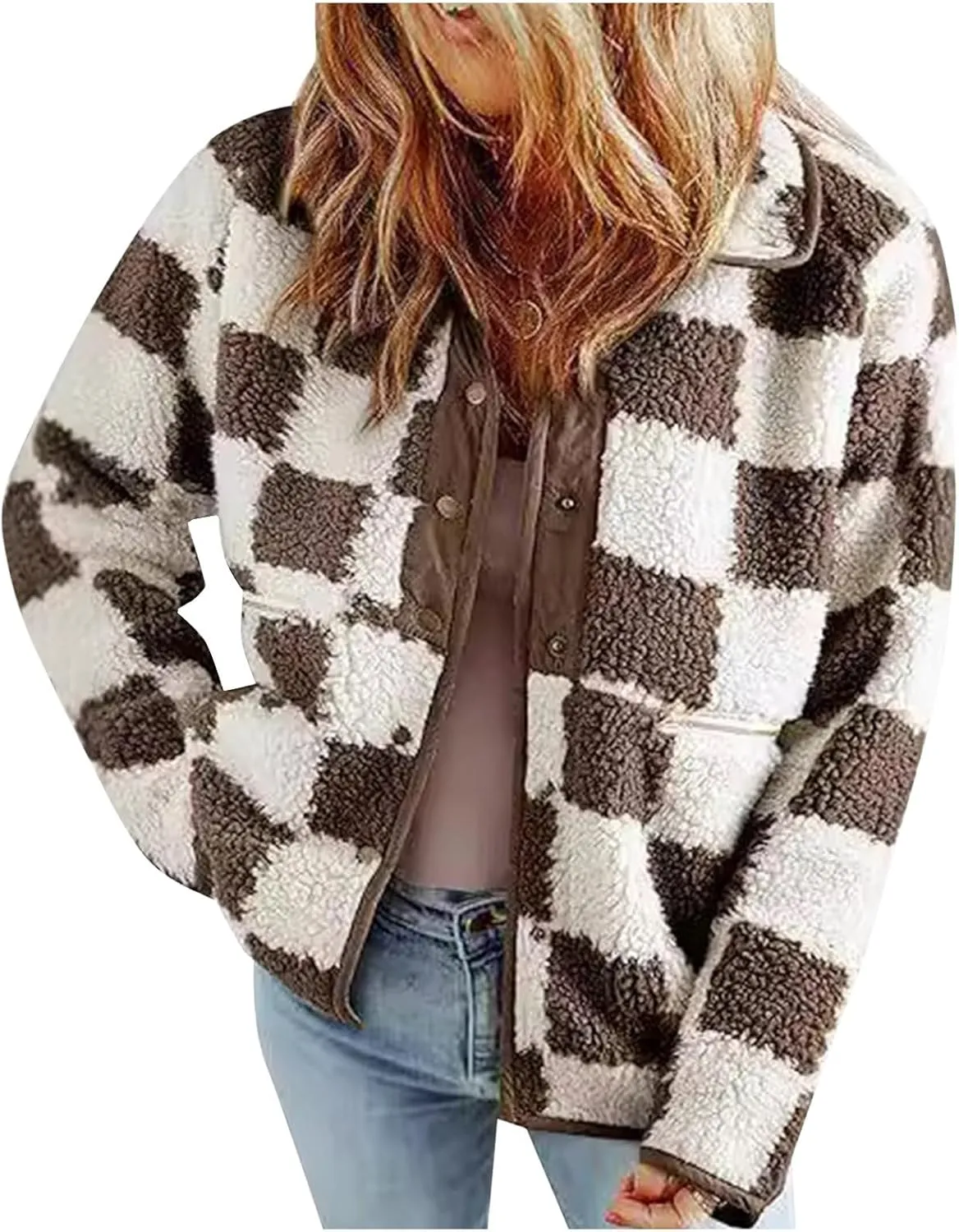 Women's Winter Coats Trendy Fuzzy Fleece Open Front Spring Sherpa Cropped Jacket Warm Plaid Cardigan Casual Outerwear