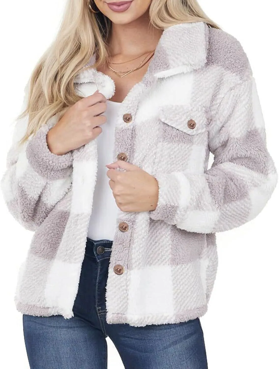 Women's Winter Coats Trendy Fuzzy Fleece Open Front Spring Sherpa Cropped Jacket Warm Plaid Cardigan Casual Outerwear