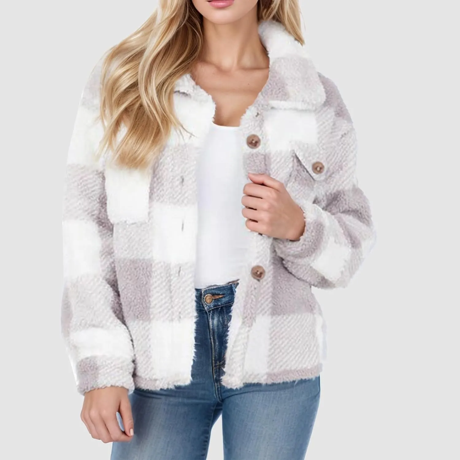 Women's Winter Coats Trendy Fuzzy Fleece Open Front Spring Sherpa Cropped Jacket Warm Plaid Cardigan Casual Outerwear