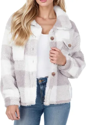 Women's Winter Coats Trendy Fuzzy Fleece Open Front Spring Sherpa Cropped Jacket Warm Plaid Cardigan Casual Outerwear