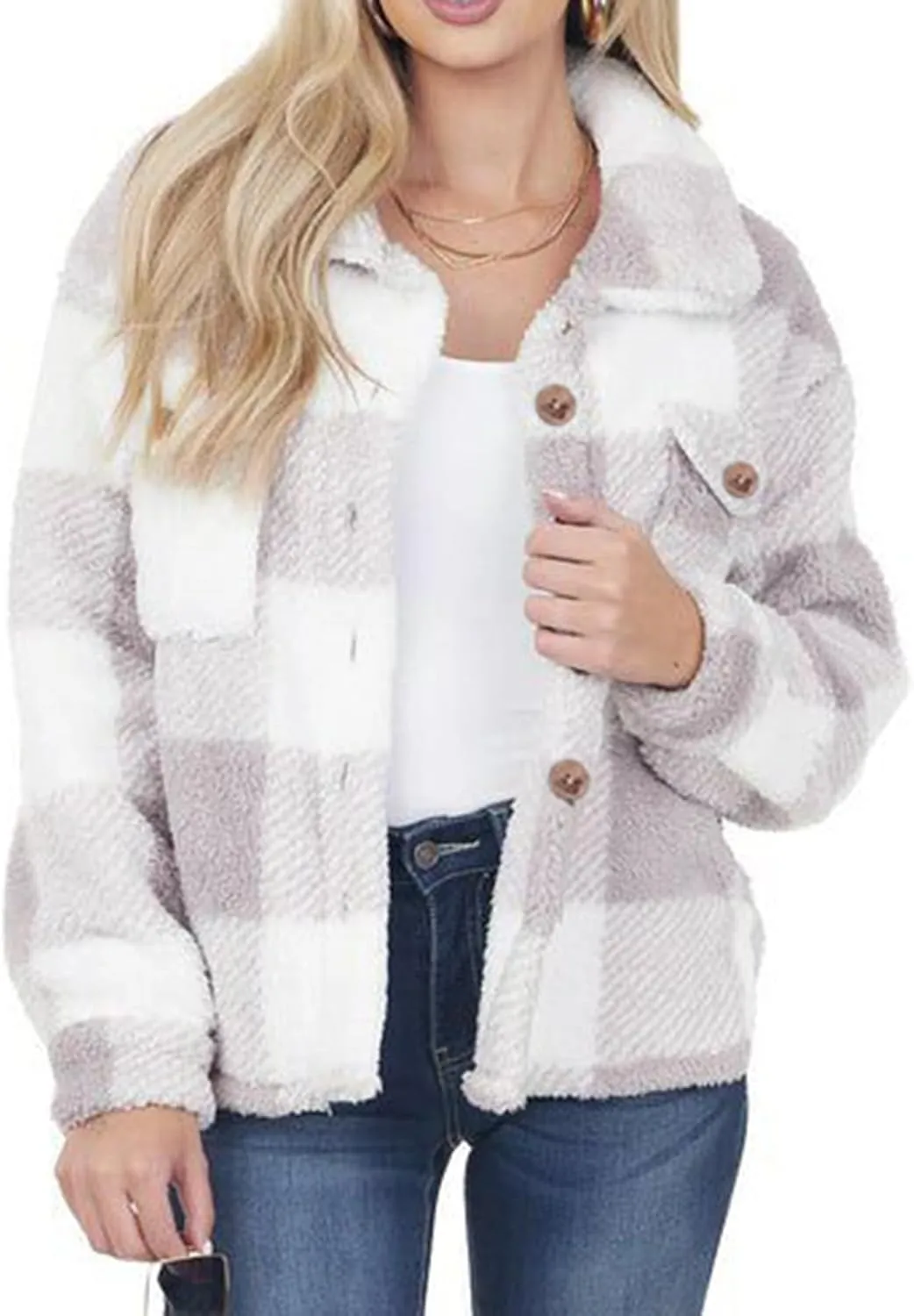 Women's Winter Coats Trendy Fuzzy Fleece Open Front Spring Sherpa Cropped Jacket Warm Plaid Cardigan Casual Outerwear