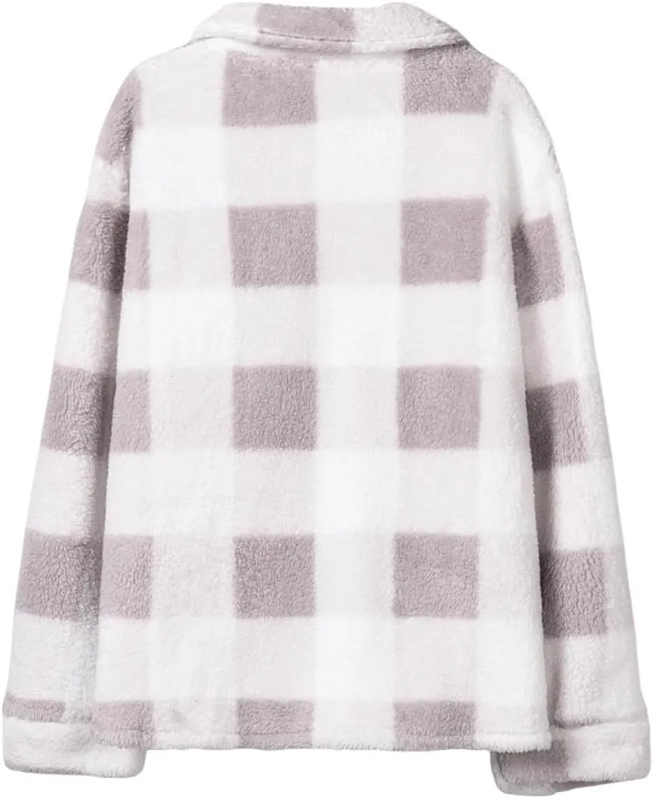 Women's Winter Coats Trendy Fuzzy Fleece Open Front Spring Sherpa Cropped Jacket Warm Plaid Cardigan Casual Outerwear