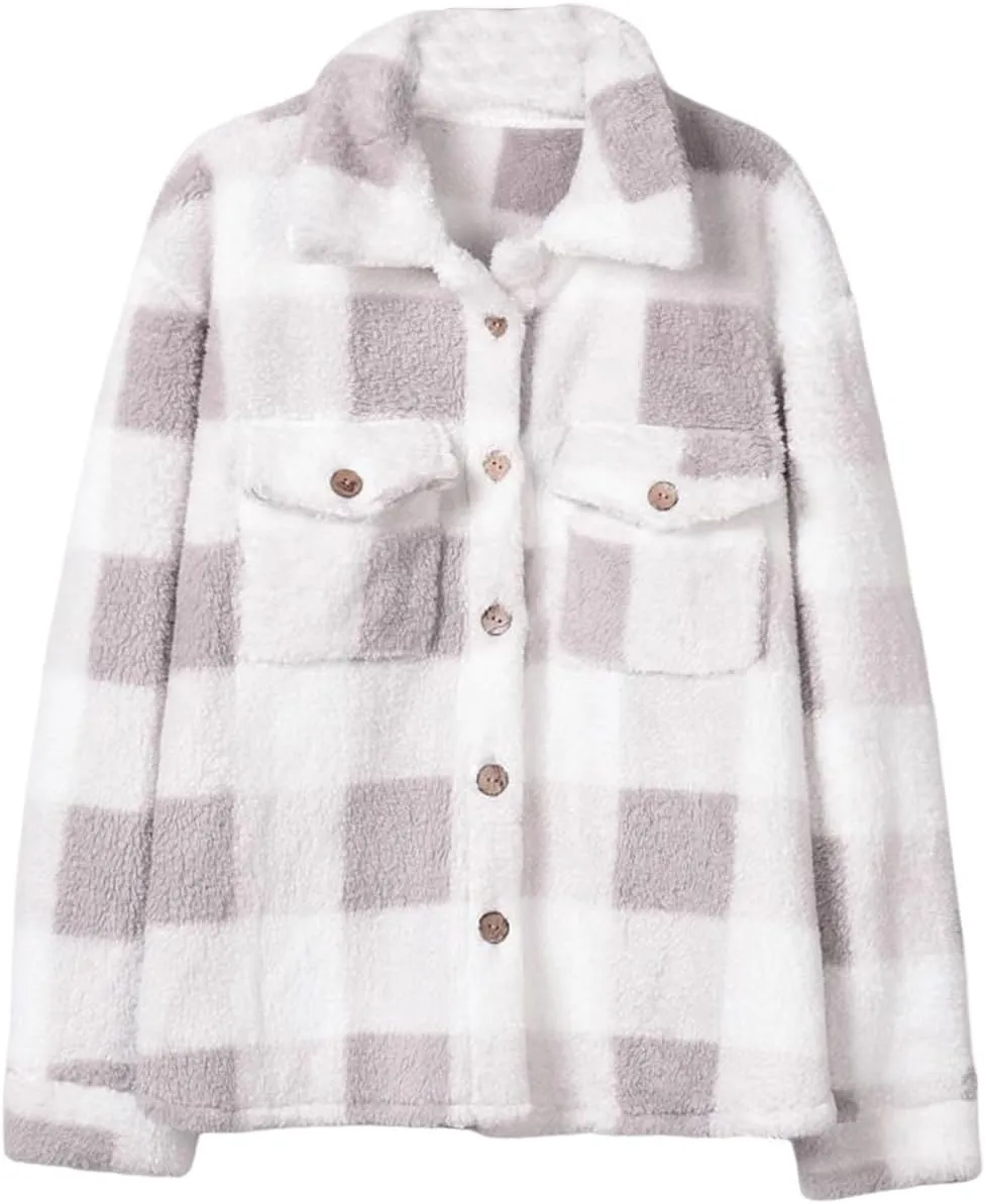 Women's Winter Coats Trendy Fuzzy Fleece Open Front Spring Sherpa Cropped Jacket Warm Plaid Cardigan Casual Outerwear