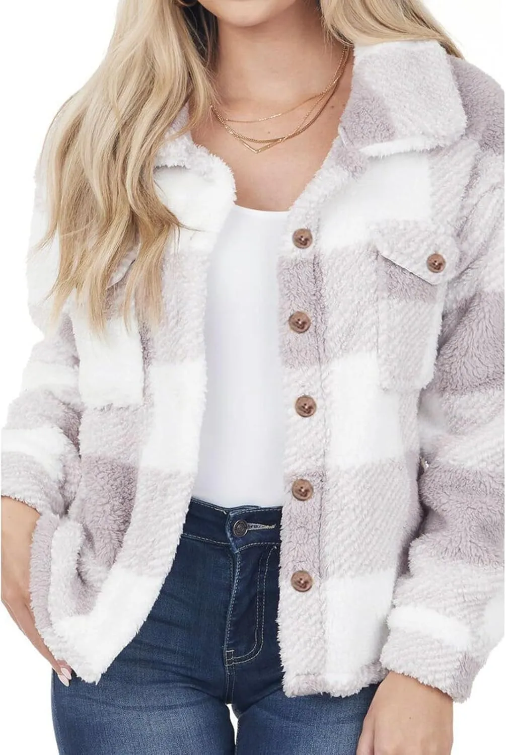 Women's Winter Coats Trendy Fuzzy Fleece Open Front Spring Sherpa Cropped Jacket Warm Plaid Cardigan Casual Outerwear