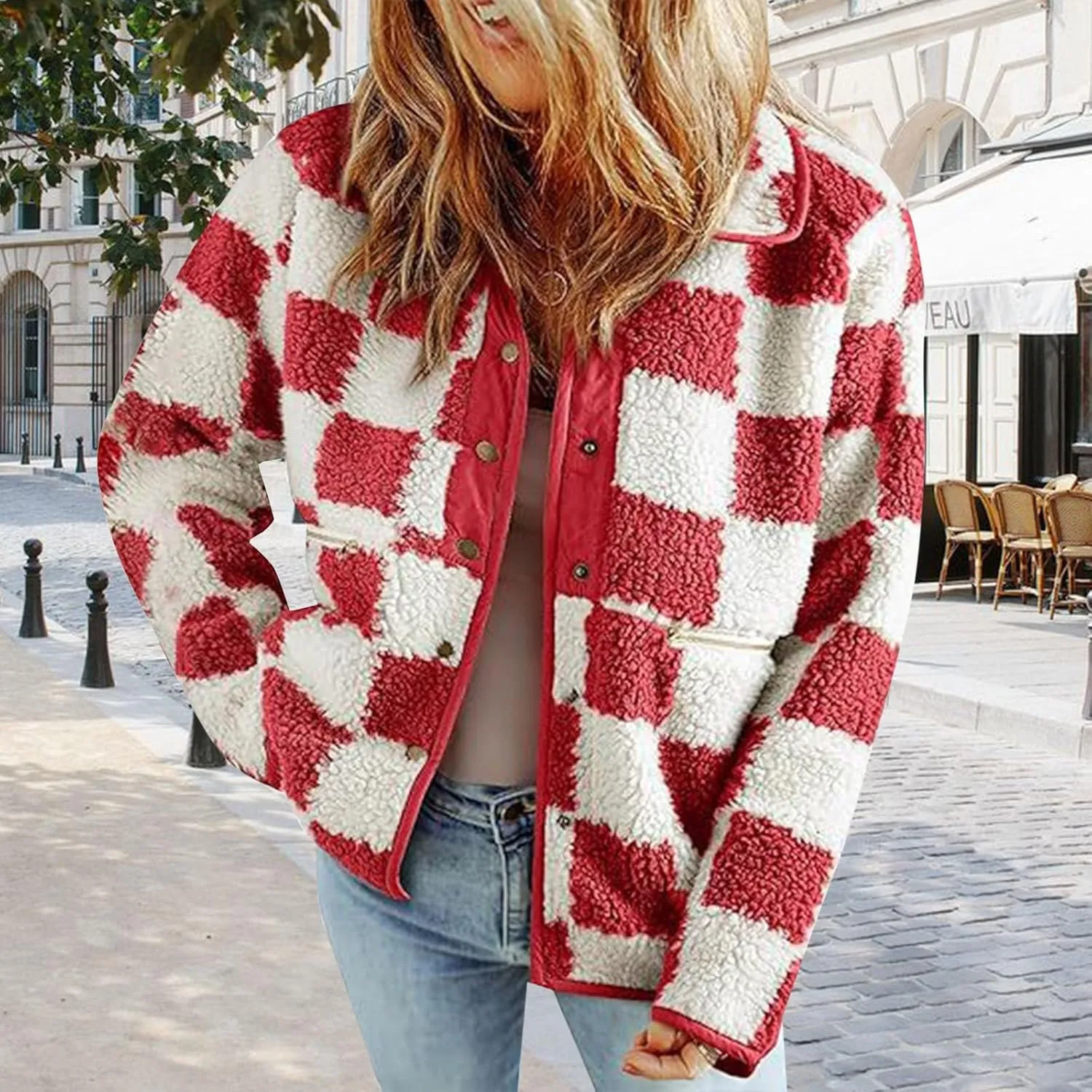 Women's Winter Coats Trendy Fuzzy Fleece Open Front Spring Sherpa Cropped Jacket Warm Plaid Cardigan Casual Outerwear
