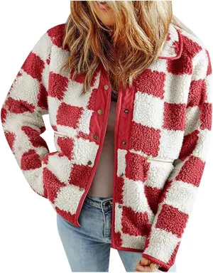 Women's Winter Coats Trendy Fuzzy Fleece Open Front Spring Sherpa Cropped Jacket Warm Plaid Cardigan Casual Outerwear