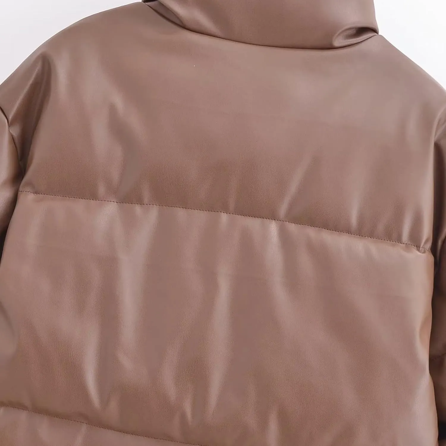 Women's Winter Cropped Puffer Jacket Oversized Stand Collar Zip-Up Short Imitation Leather Down Coat Quilted Jackets