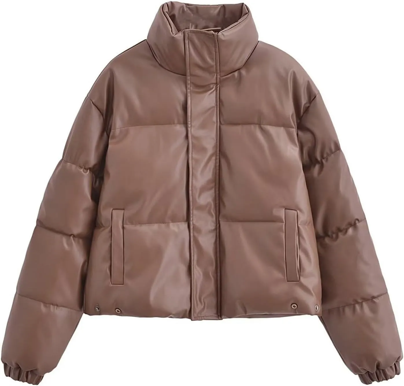 Women's Winter Cropped Puffer Jacket Oversized Stand Collar Zip-Up Short Imitation Leather Down Coat Quilted Jackets