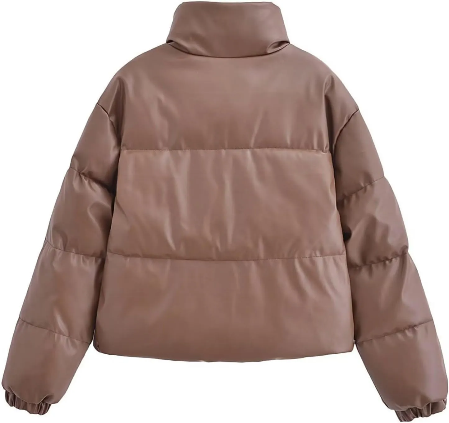 Women's Winter Cropped Puffer Jacket Oversized Stand Collar Zip-Up Short Imitation Leather Down Coat Quilted Jackets