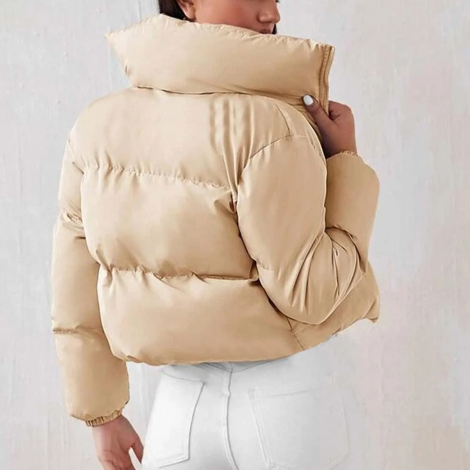 Women's Winter Oversized Cropped Puffer Jacket Long Sleeve Zip Up Short Down Coat Stand Collar Baggy Overcoat