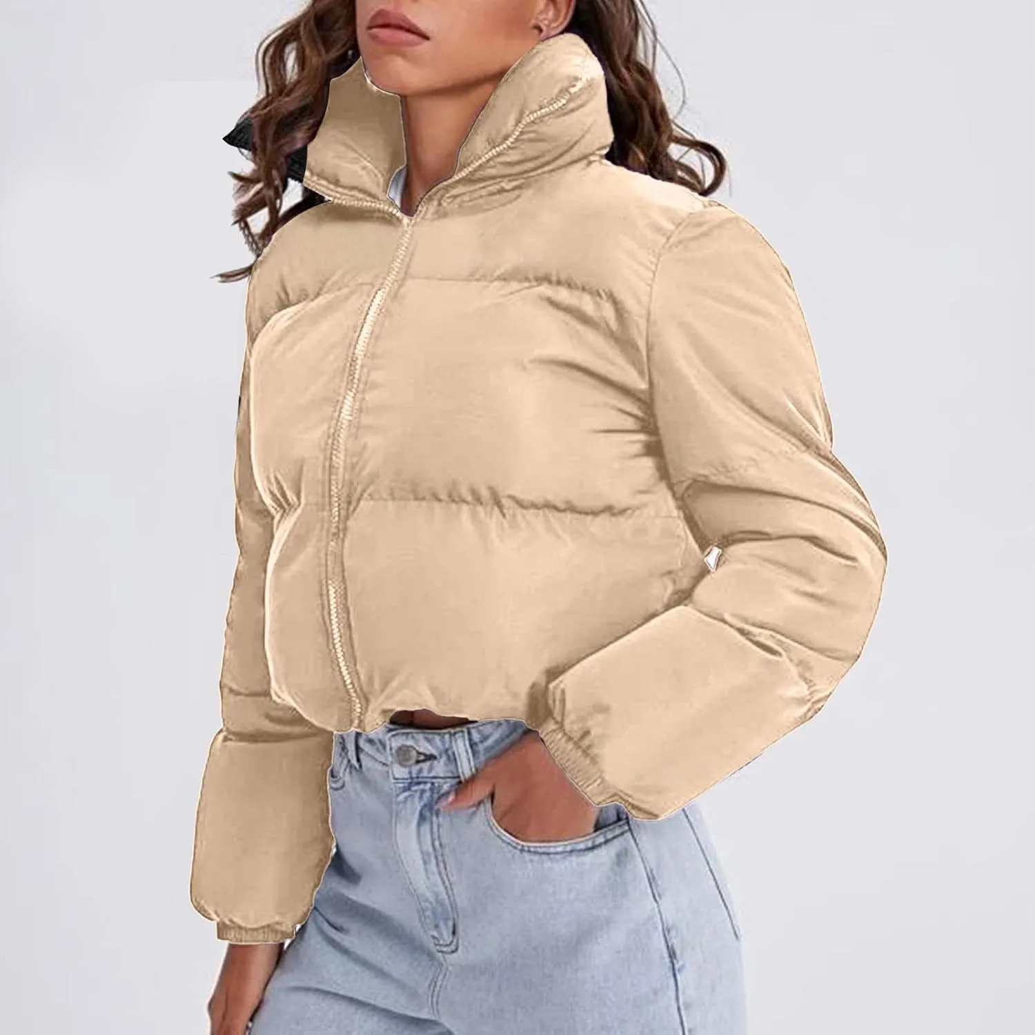 Women's Winter Oversized Cropped Puffer Jacket Long Sleeve Zip Up Short Down Coat Stand Collar Baggy Overcoat