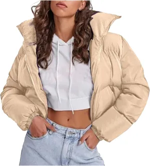 Women's Winter Oversized Cropped Puffer Jacket Long Sleeve Zip Up Short Down Coat Stand Collar Baggy Overcoat