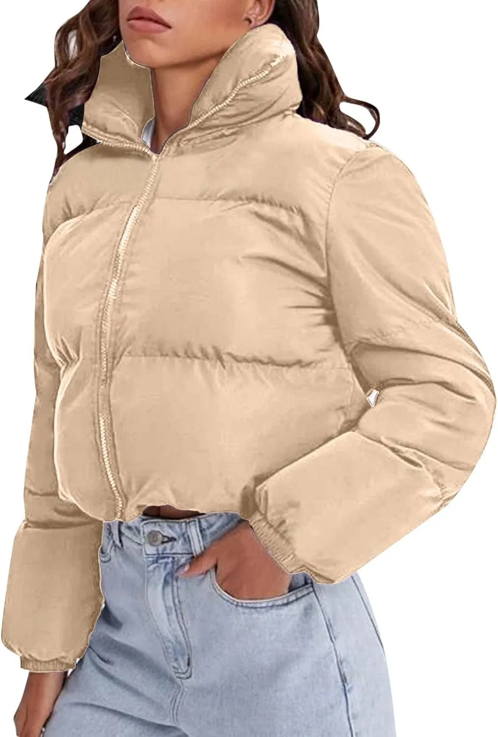 Women's Winter Oversized Cropped Puffer Jacket Long Sleeve Zip Up Short Down Coat Stand Collar Baggy Overcoat