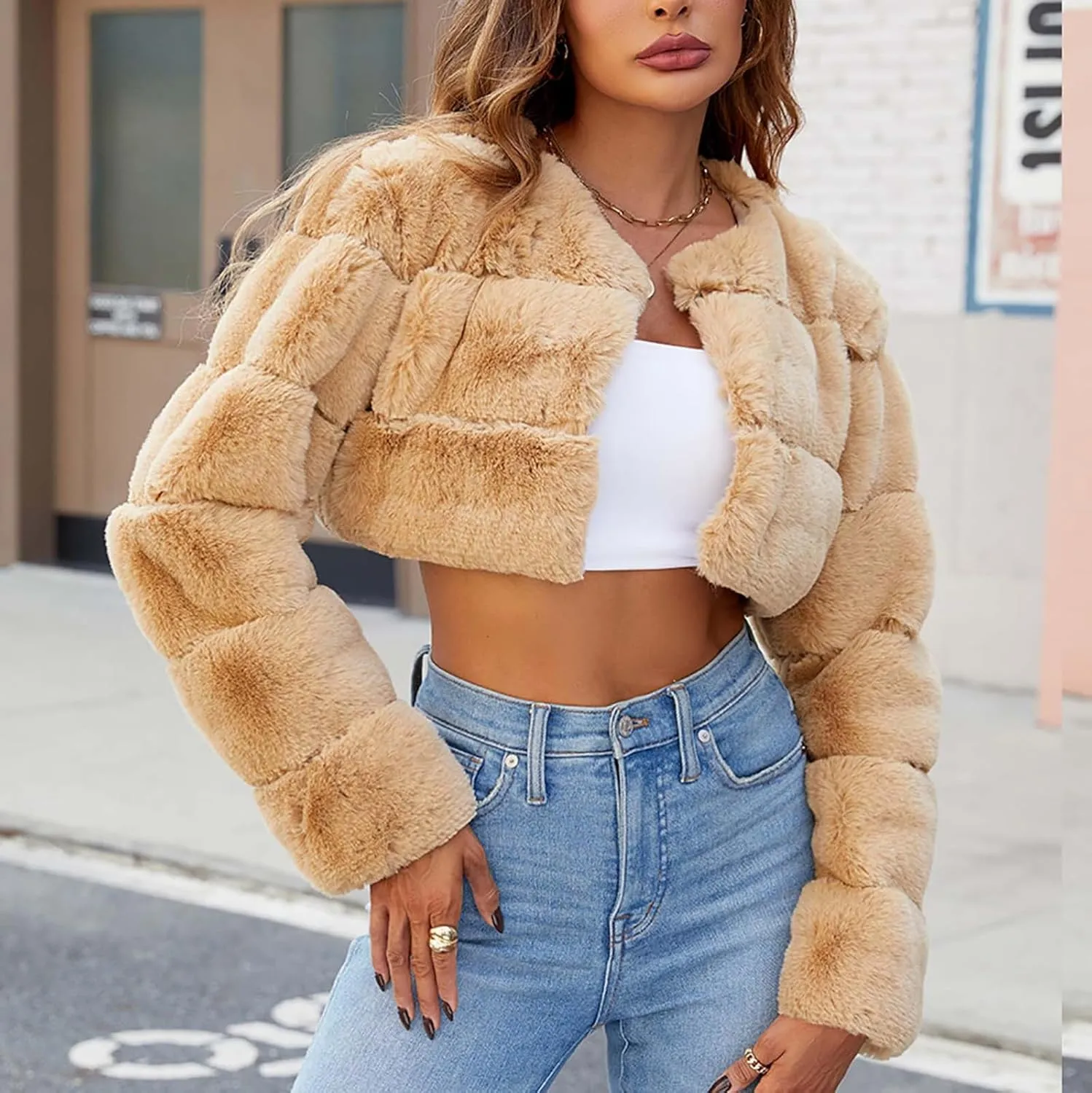 Women's Winter Plus Size Parka Overcoat Solid Long Sleeve Cropped Tops Faux Fur Coat Jacket