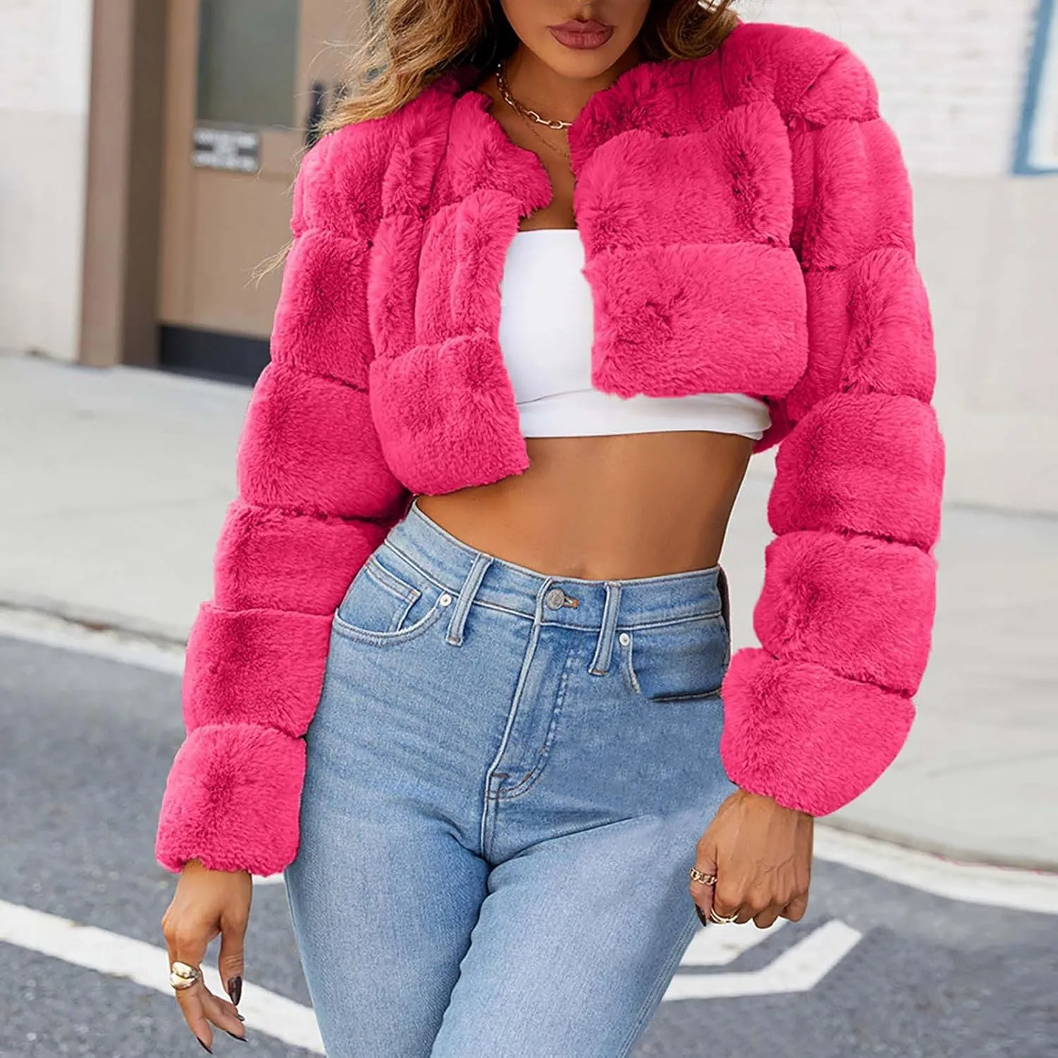 Women's Winter Plus Size Parka Overcoat Solid Long Sleeve Cropped Tops Faux Fur Coat Jacket