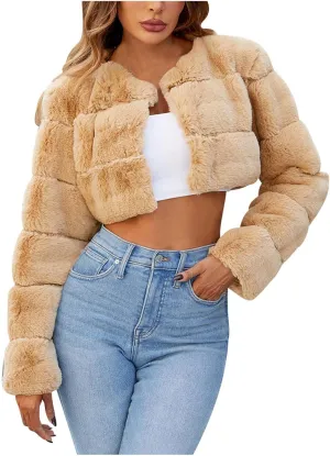 Women's Winter Plus Size Parka Overcoat Solid Long Sleeve Cropped Tops Faux Fur Coat Jacket