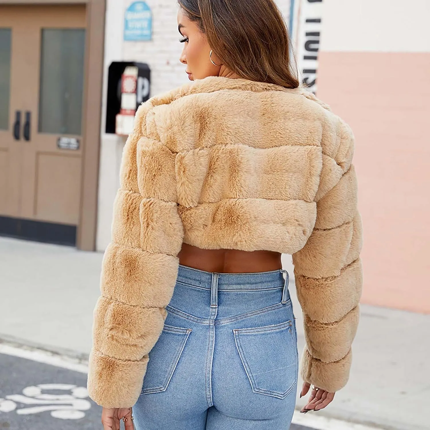 Women's Winter Plus Size Parka Overcoat Solid Long Sleeve Cropped Tops Faux Fur Coat Jacket