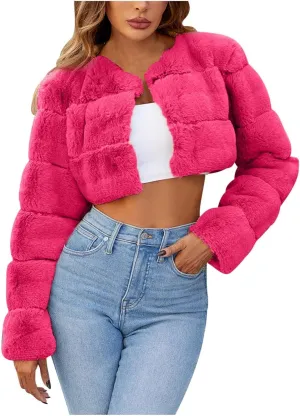 Women's Winter Plus Size Parka Overcoat Solid Long Sleeve Cropped Tops Faux Fur Coat Jacket