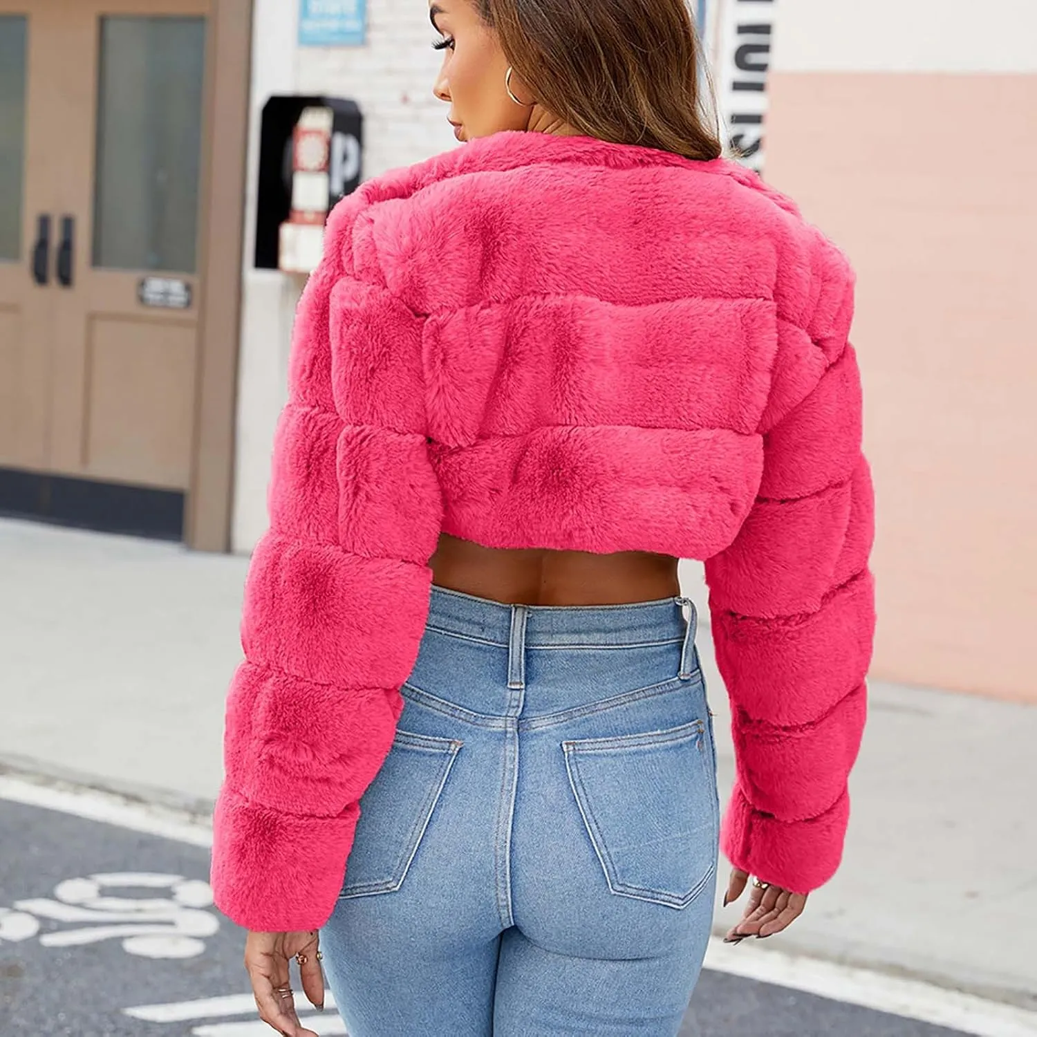 Women's Winter Plus Size Parka Overcoat Solid Long Sleeve Cropped Tops Faux Fur Coat Jacket
