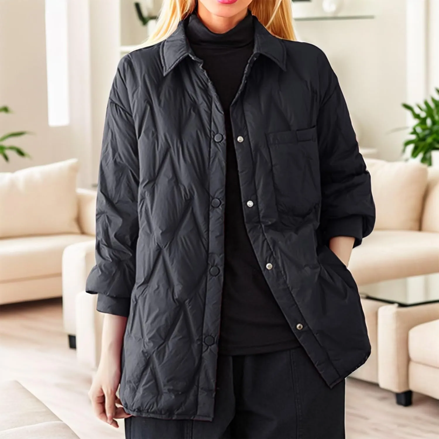 Women's Winter Quilted Jackets Casual Lightweight Puffer Jacket Button Casual Outerwear Down Winter Coat with Pockets